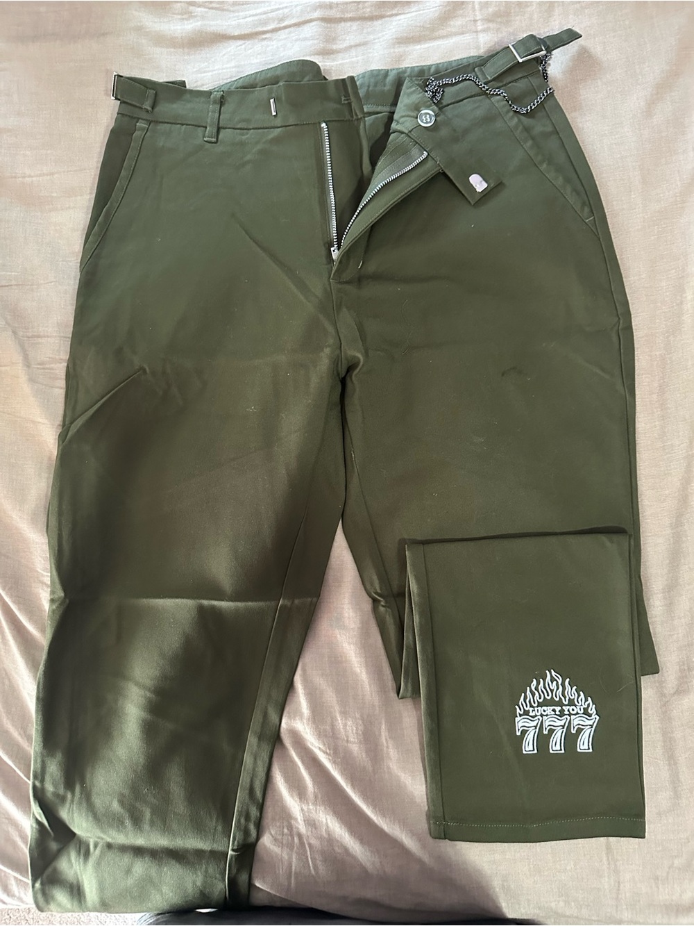 Shellcorp Men's Olive Green Casual Pants with Flame 777 Detail